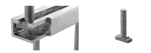 Close-up of a metal channel with an internal serrated mechanism and threaded bolt, alongside a separate T-bolt, illustrating a mechanical fastening system.