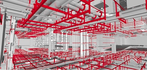 3D BIM-model van een gebouwinstallatieomgeving met rood gemarkeerde modulaire ondersteuningsconstructies voor leidingen en technische installaties.