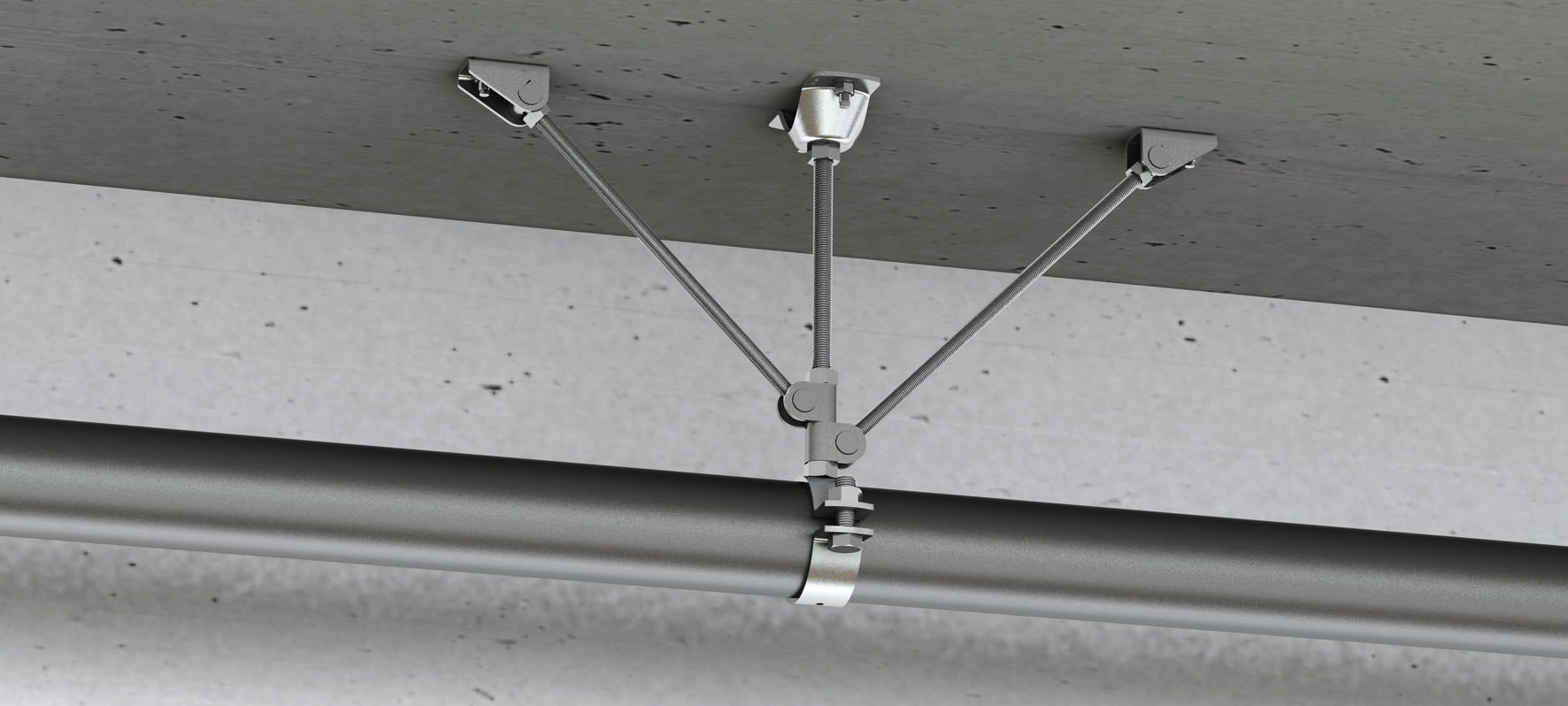 Suspension triangulaire d'une canalisation au plafond béton, avec trois tiges filetées ancrées et collier de serrage