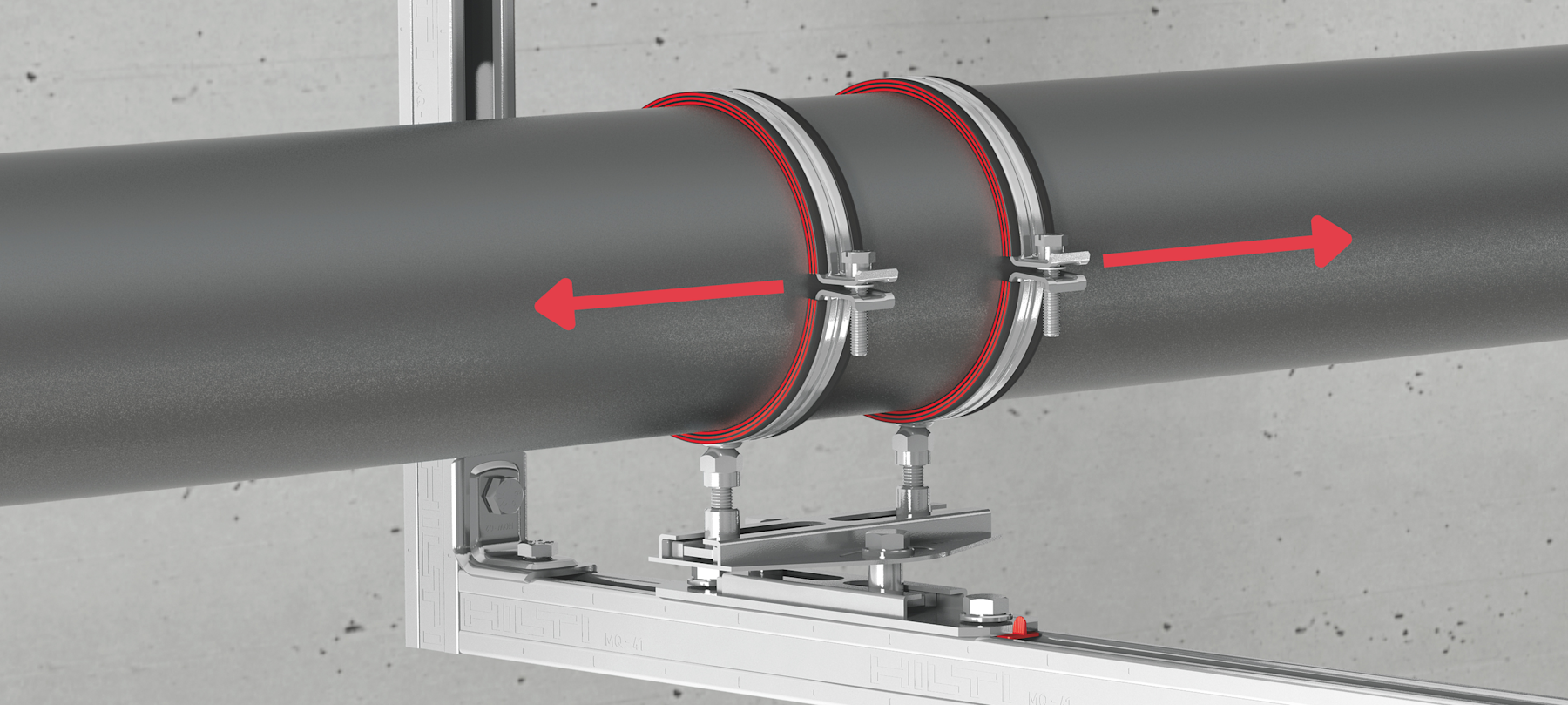 Canalisation fixée par des colliers Hilti coulissants sur rail MQ-A1, avec flèches indiquant le mouvement de dilatation thermique