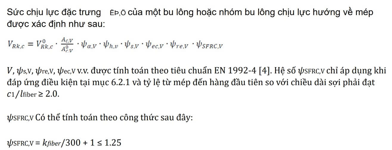 Công thức tính khả năng chịu cắt của neo tại mép bê tông, có xét đến hệ số bê tông cốt sợi thép (ψSFRC,V) để nâng cao sức kháng phá hoại mép bê tông.