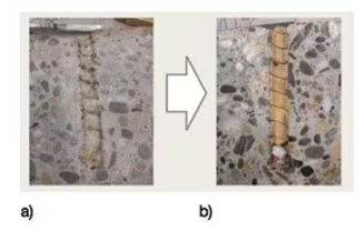 Two concrete cross-section photos showing an anchor installation process. The first image shows a drilled hole; the second shows the hole filled with an installed screw anchor and bonding material, connected by a directional arrow.