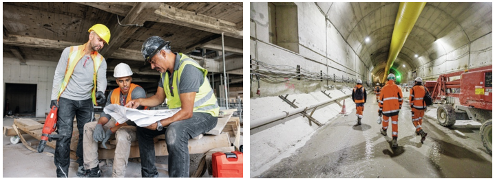 Dos entornos de construcción: trabajadores revisando planos dentro de un edificio y personal trabajando en un gran túnel, ilustrando condiciones de obra que pueden influir en el tiempo de trabajo requerido del mortero.