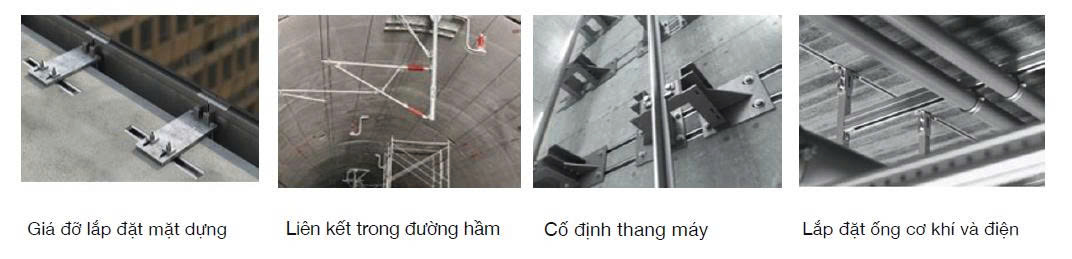 Bốn hình ảnh minh họa các ứng dụng của hệ rãnh kim loại trong xây dựng: giá đỡ mặt dựng, liên kết trong hầm, cố định thang máy và lắp đặt hệ thống cơ điện (M&E).