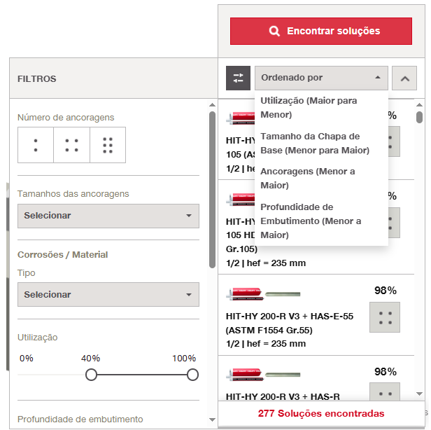 Interface exibindo resultados de busca de ancoragens com filtros para tipo de ancoragem, tamanho, material, nível de utilização e profundidade de embutimento.