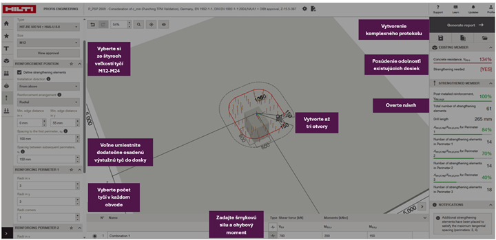 Screenshot of engineering design software showing slab strengthening layout with post-installed anchors arranged in perimeters, along with input settings and verification results.