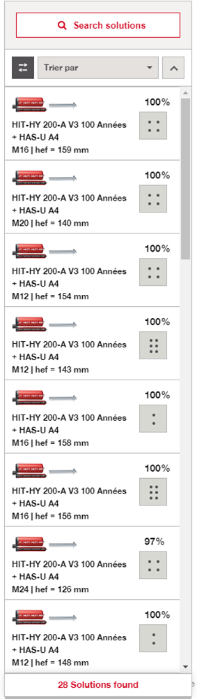 Interface PROFIS Engineering : 28 solutions trouvées avec chevilles HIT-HY 200-A V3 + HAS-U A4, taux d'utilisation et profondeurs d'ancrage variables (M12 à M24).