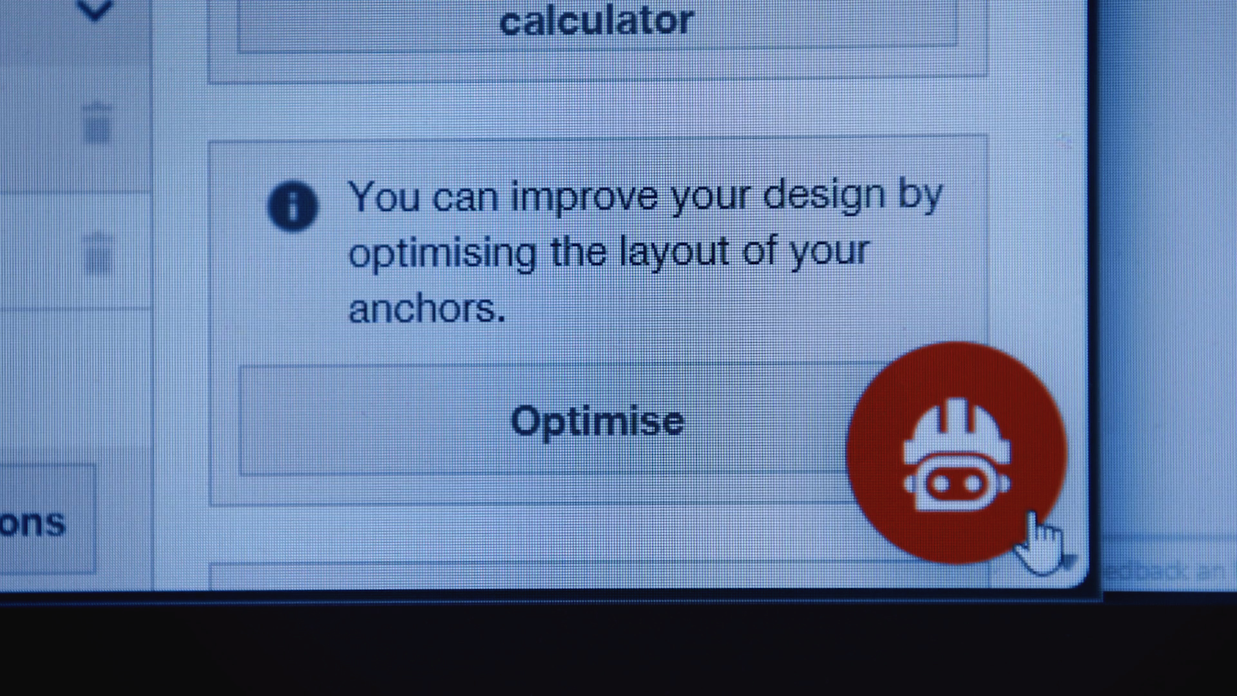 PROFIS Engineering interface displaying a design optimization recommendation. An information message suggests improving anchor layout, with an “Optimise” button and a HiltiQ assistant icon shown in the lower-right corner.