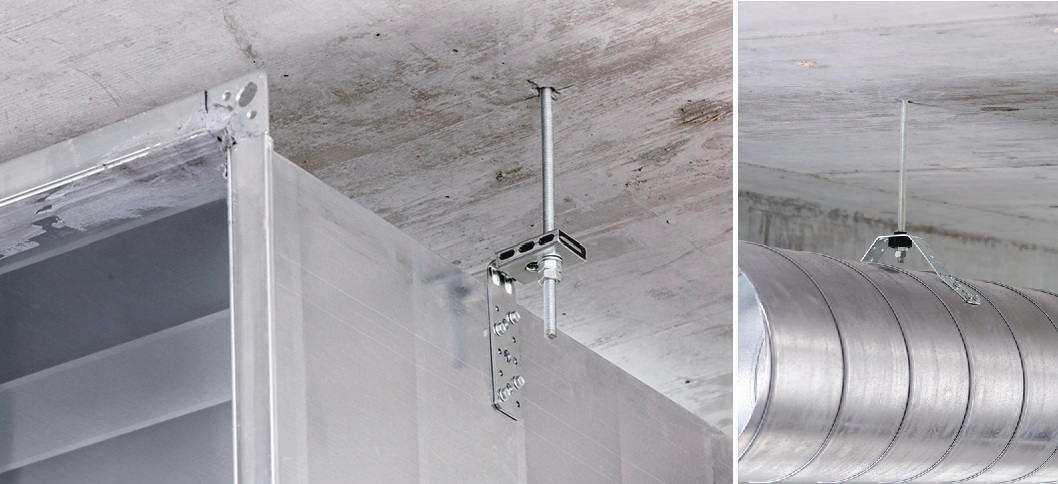 HVAC duct supports showing threaded rod suspension systems fixed to a concrete ceiling, with brackets connecting both rectangular and circular ducts.