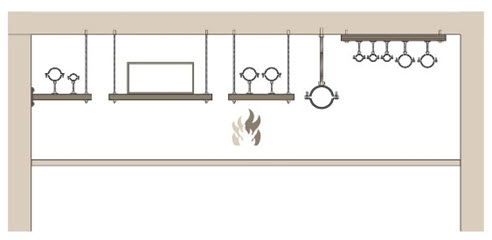 Schematische Darstellung von unter der Decke montierten Installationen wie Rohrleitungen, Kabeltrassen und Leuchten über einer Brandquelle. Die Anlagen sind an einer Decke aufgehängt und dem Feuer darunter ausgesetzt.
