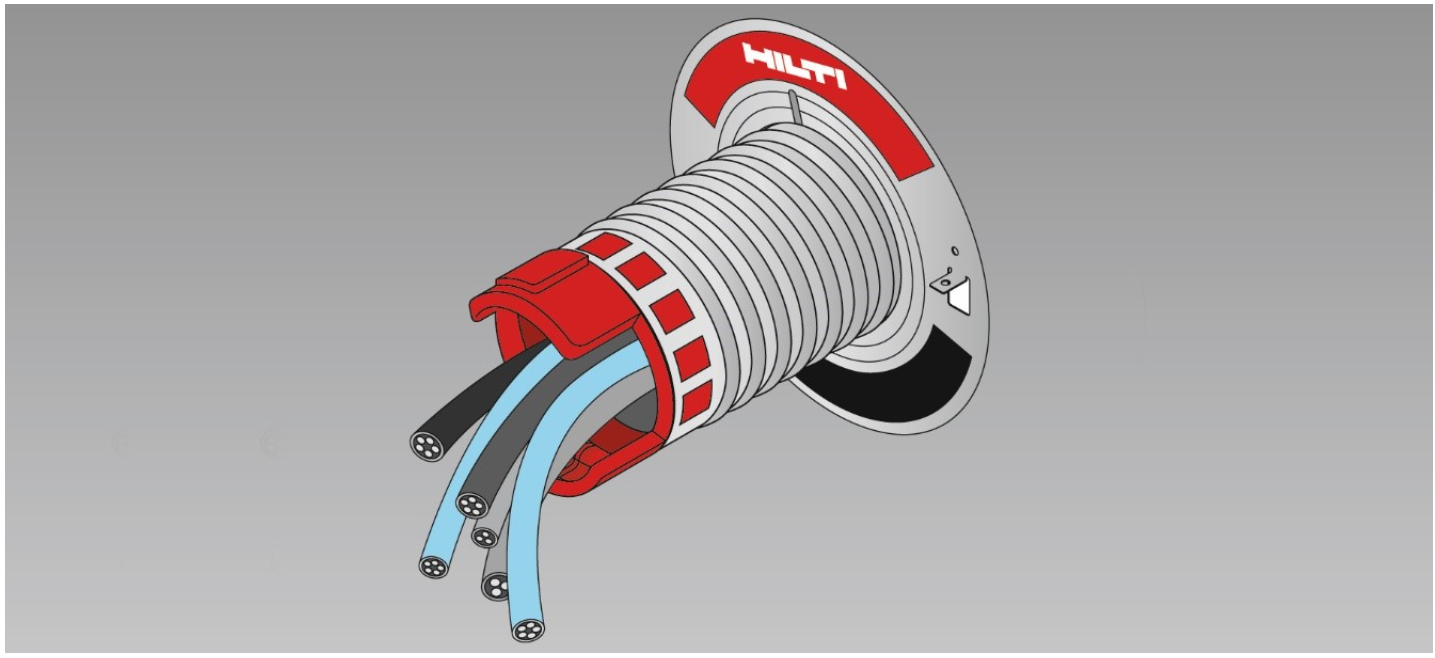 Illustration of a Hilti firestop cable transit with multiple electrical cables passing through a corrugated sleeve and red retaining seal, designed to maintain fire compartmentation at a wall penetration.