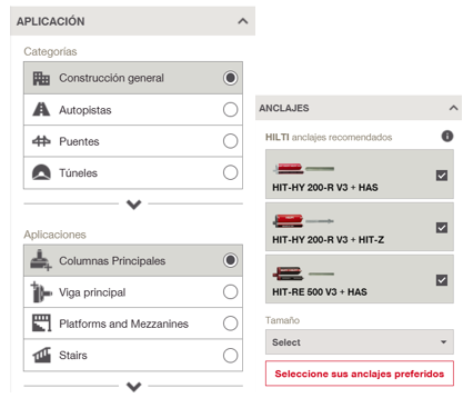 Interfaz que muestra las categorías del constructor de aplicaciones y los productos de anclaje seleccionados, incluyendo la selección de tamaño y una indicación para elegir los anclajes preferidos.