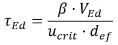 Mathematische Gleichung zur Berechnung der Durchstanzschubspannung. Die Spannung ergibt sich aus Querkraft, Lastfaktor, kritischem Kontrollumfang und wirksamer Bauteilhöhe.