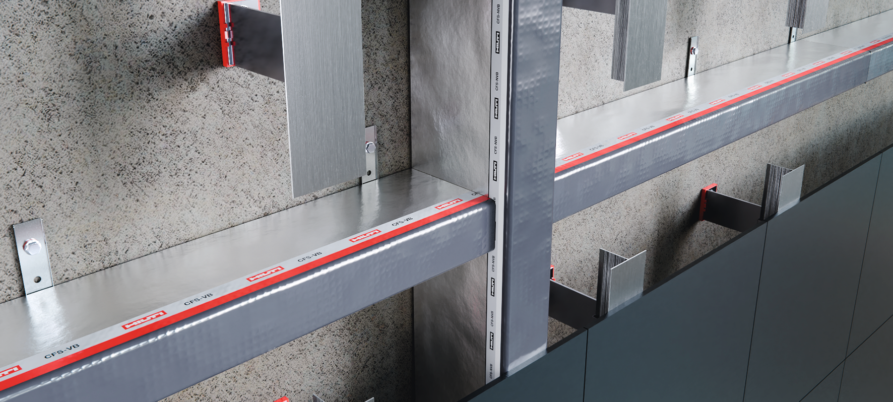Metal support rails and vertical channels mounted to a concrete wall, with red edge markings and brackets securing horizontal members—part of a façade or cladding substructure installation