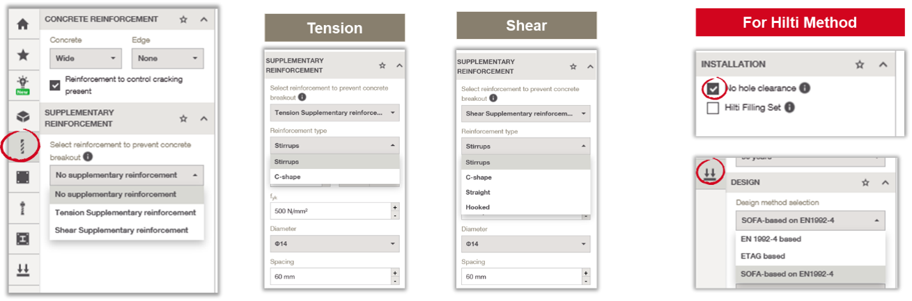PROFIS Engineering interface showing options for selecting supplementary reinforcement in tension and shear, plus settings required to activate the Hilti design method, including no-hole-clearance installation and SOFA-based design.