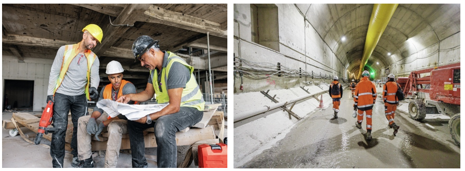 Dois ambientes de construção: trabalhadores analisando projetos dentro de uma edificação e profissionais trabalhando em um grande túnel, ilustrando condições de obra que podem influenciar o tempo de trabalho necessário da argamassa.