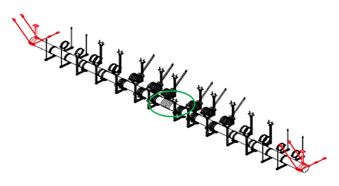 3D-leidingsysteem met ondersteuningen en verankeringen aan beide uiteinden. Een gedeelte is gemarkeerd met een groene cirkel, die een compensator of flexibel element aanduidt. Rode markeringen aan de uiteinden geven vaste of ingeklemde punten weer.