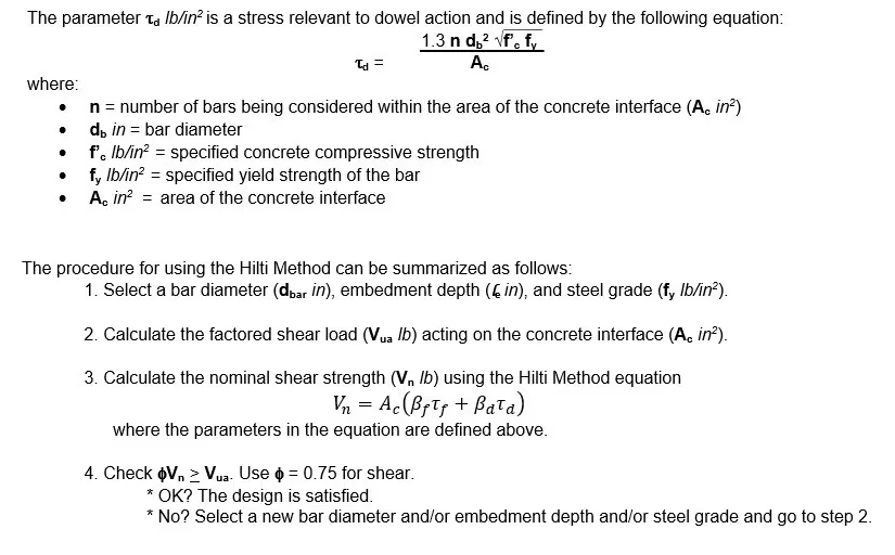 Hilti method for considering shear resistance over an interface between two concrete surfaces