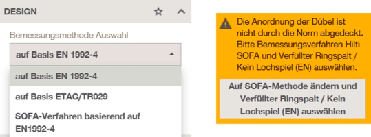 Screenshot einer Bemessungssoftware mit Warnhinweis, dass die gewählte Dübelanordnung nicht durch die Norm abgedeckt ist.
