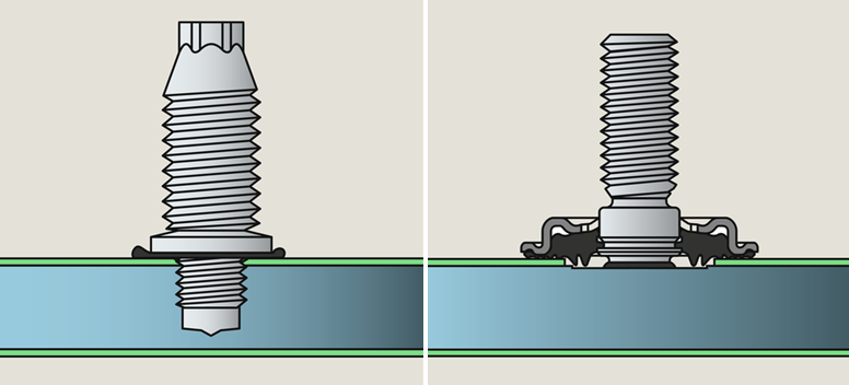 Zwei technische Schnittdarstellungen zeigen Gewindebefestiger in einer Stahlplatte. Links durchdringt der Befestiger die Platte, rechts liegt ein breiteres Dicht- oder Halteelement auf der Stahloberfläche auf.