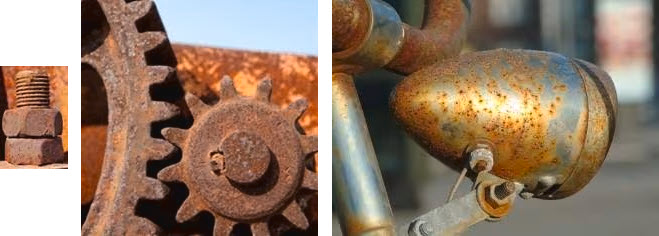 Drei Nahaufnahmen zeigen Korrosion an Metallbauteilen: ein verrosteter Gewindebolzen mit Mutter, stark korrodierte Zahnräder sowie eine Metallbaugruppe mit Rostflecken und sichtbaren Oberflächenschäden durch Oxidation.