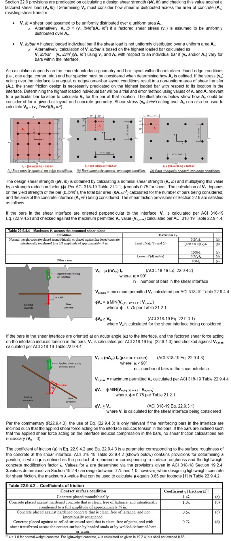 Shear Friction using ACI 318-19 Provisions for Post-installed Reinforcing Bar Design - ACT 318-19 Section 22.9 Provisions