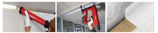 Three images showing firestop installation: applying sealant to a joint, dispensing firestop material around penetrations, and a finished sealed joint.