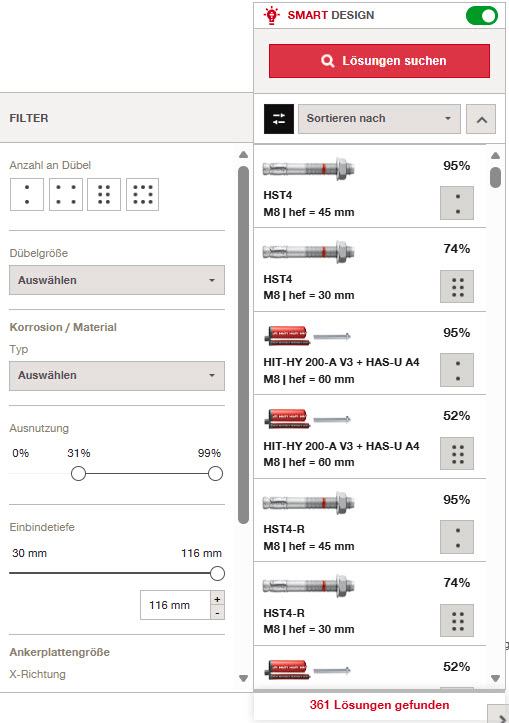 SMART-DESIGN-Ergebnisansicht mit gefilterten Befestigungslösungen, sortiert nach Ausnutzung. Angezeigt werden Dübeloptionen, Filtereinstellungen, Einbindetiefen und insgesamt 361 gefundene Lösungen.