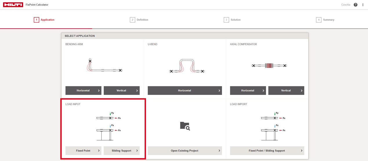 Hilti FixPoint Calculator “Application” screen showing pipe configuration options. “Direct Load Input” is highlighted, with a diagram showing forces Fx, Fy, and Fz acting on a pipe support.