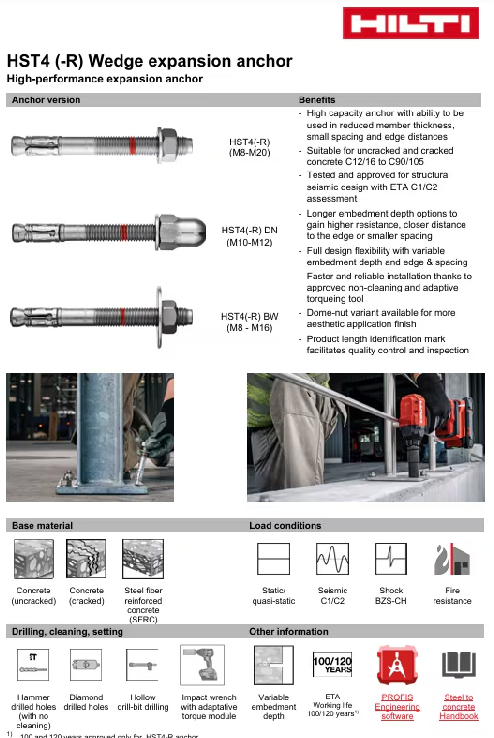 Produktblad för Hilti HST4 kilankare med varianter, fördelar, installationsbilder och ikoner för material, lastfall, borrmetoder och certifieringar som ETA och PROFIS.