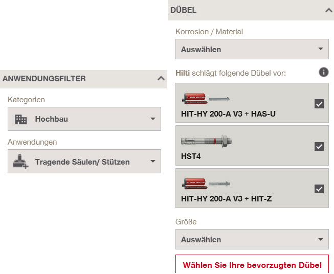 Screenshot der SMART-DESIGN-Funktion mit automatisch vorgeschlagenen Dübellösungen für tragende Stützen. Angezeigt werden chemische und mechanische Befestigungen inklusive Produktauswahl.