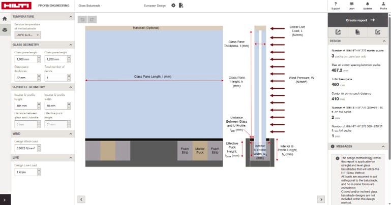 PROFIS Engineering software interface voor het ontwerpen van een glazen balustrade, met invoer van afmetingen, belastingen en materiaaleigenschappen. Het model toont onder andere windbelasting, glasdikte en de ankerconfiguratie binnen een U-profielsysteem.