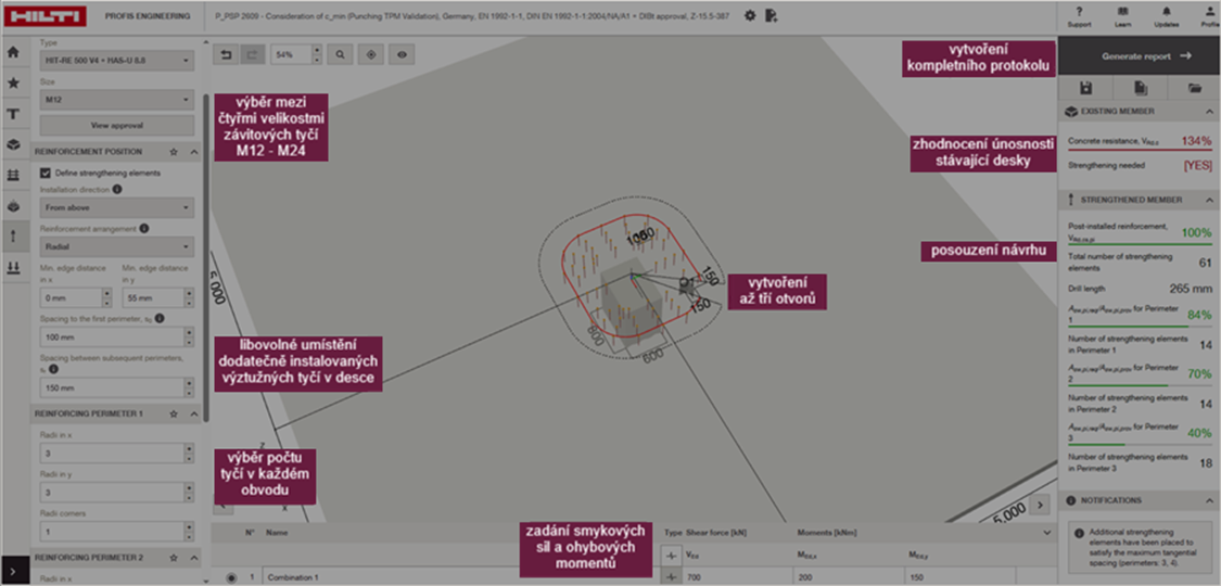 Screenshot of engineering design software showing slab strengthening layout with post-installed anchors arranged in perimeters, along with input settings and verification results.