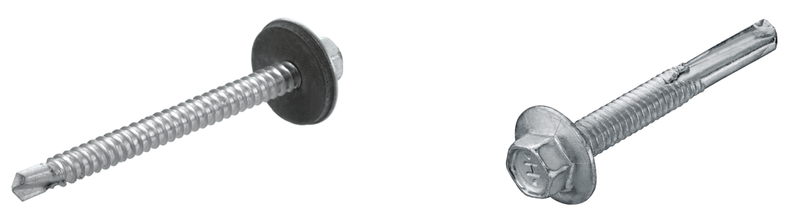 Silver screw anchor with hex head and integrated washer, shown in side and angled views to highlight the threaded shaft, self-drilling tip and fastening features.