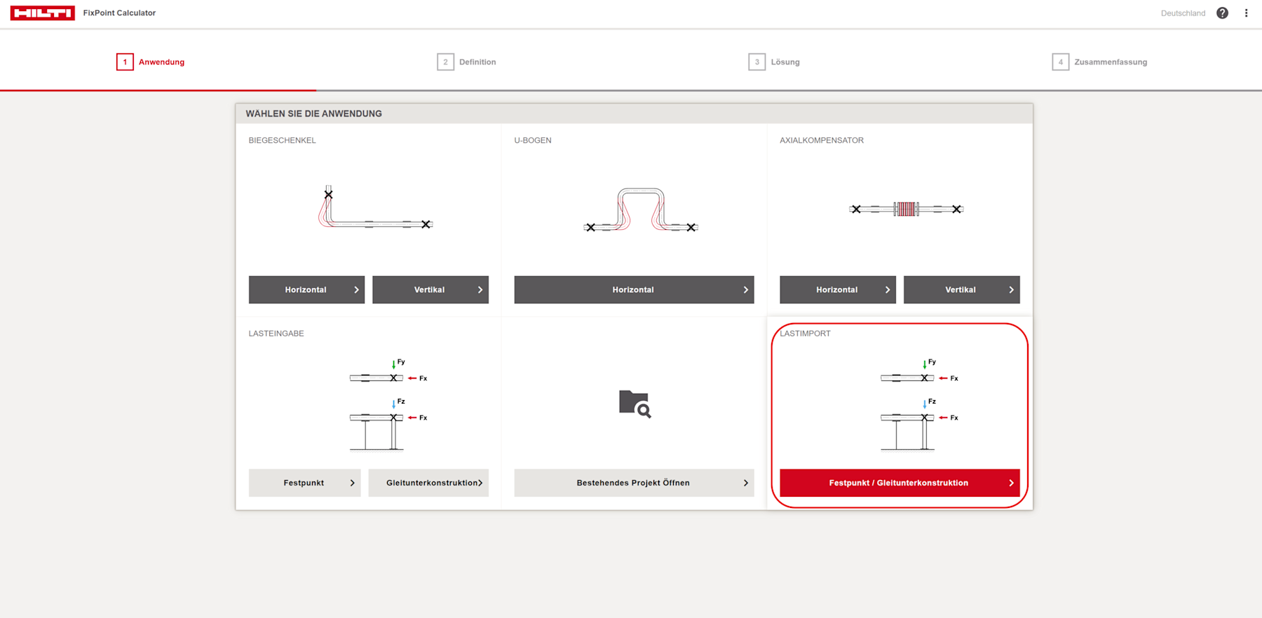 Hilti FixPoint Calculator mit Auswahl für Rohrgeometrien und Lastdefinition. Der Bereich „Lastimport“ ist rot hervorgehoben und zeigt Kräfte Fx, Fy, Fz sowie eine aktive Auswahl für Festpunkt/Gleitunterkonstruktion.