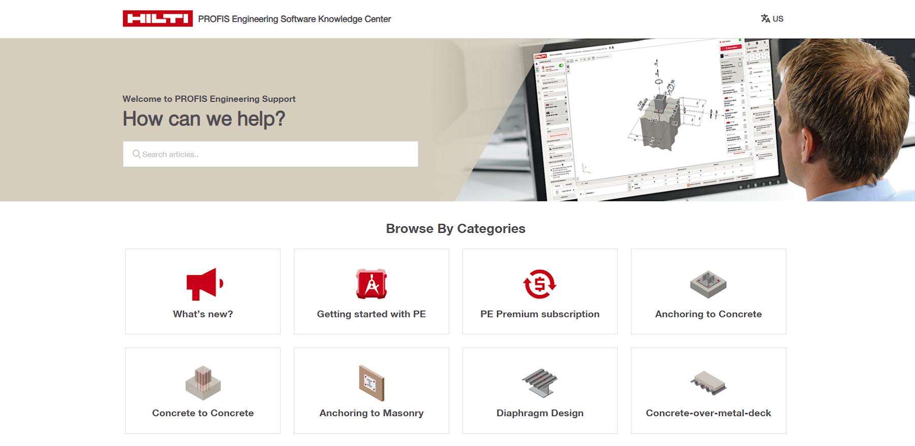 PROFIS Engineering Software Knowledge Center homepage showing a search bar and category-based navigation for engineering topics, including anchoring, masonry, diaphragm design, concrete-to-concrete connections, and software resources.