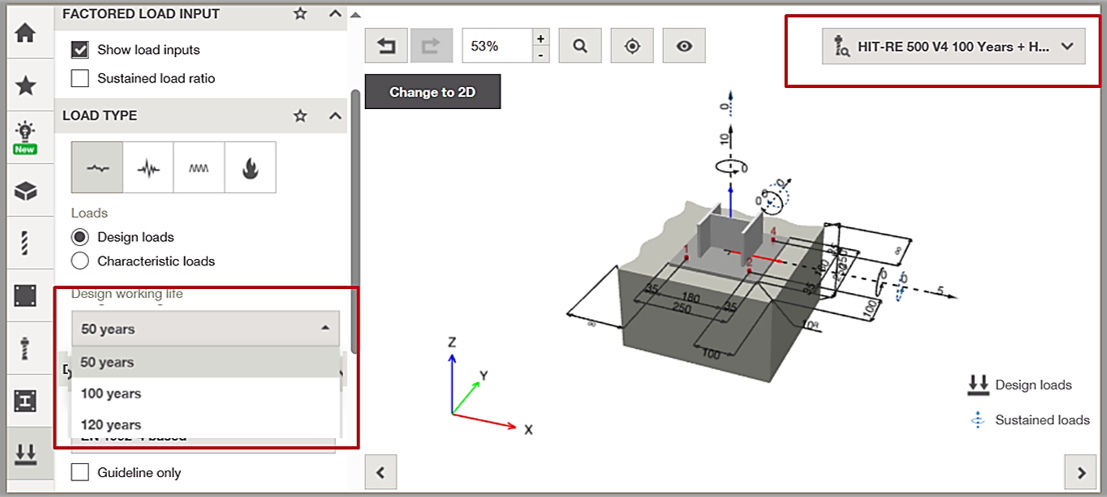 PROFIS Engineering interface showing selection of design working life (50, 100, or 120 years) for an anchor design project, with a 3D anchor layout and material configuration displayed.