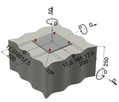 3D diagram of a concrete block with four anchor points, showing edge distances, spacing, and dimensions such as 200 mm spacing, 250 mm depth, and 50 mm surface dimension, with labeled measurement lines.