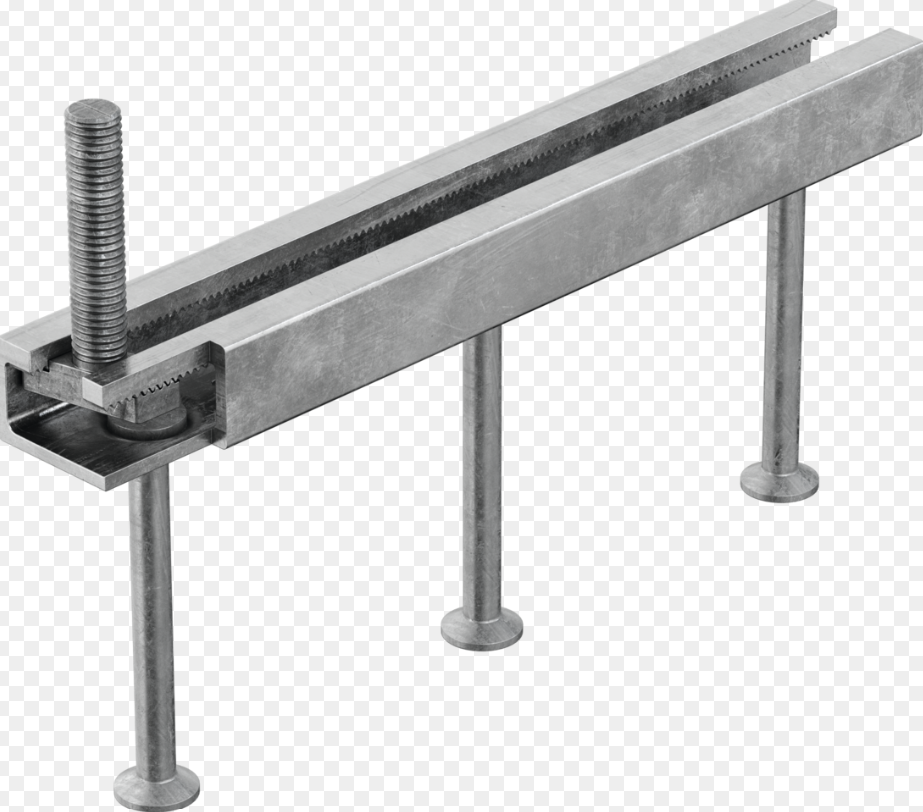 Close-up of a metal framing connection showing a threaded rod with a gear-like adjustment mechanism inside a rectangular metal channel, mounted to a vertical support