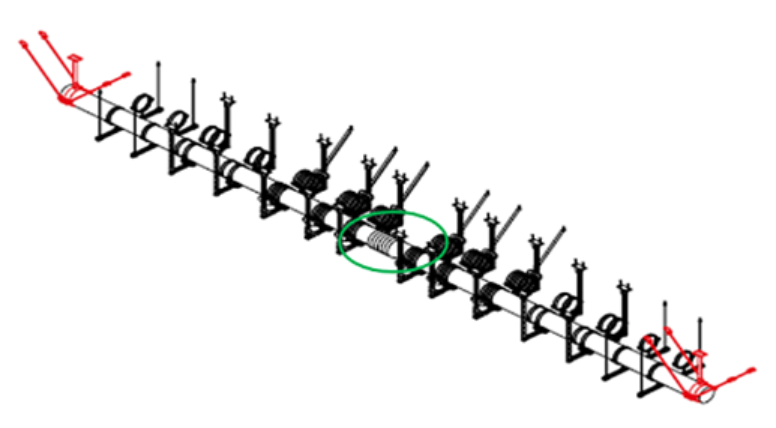 Sistema de tubulação 3D com suportes e ancoragens em ambas as extremidades. A seção central, destacada em verde, indica um compensador ou elemento flexível, enquanto as marcações vermelhas mostram os pontos fixos ou restritos.