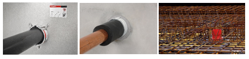 Three firestop applications: a sealed pipe penetration, a firestopped copper pipe passing through a wall, and a firestop casting device installed in a reinforced concrete floor slab.