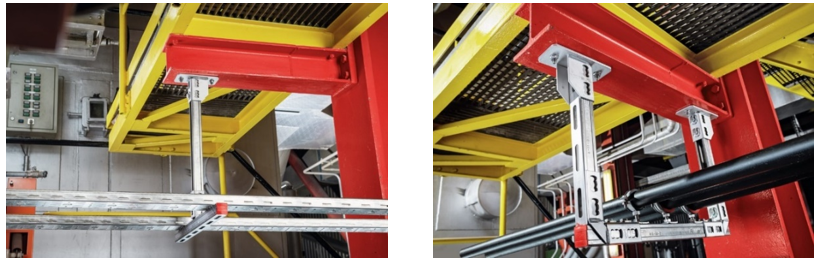 Fissaggio di Impianti - canaline elettriche (a sinistra) e impianti meccanici (destra) – al materiale base in acciaio 