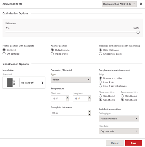 Advanced input settings interface showing optimization, anchor positioning, material properties, and installation conditions.