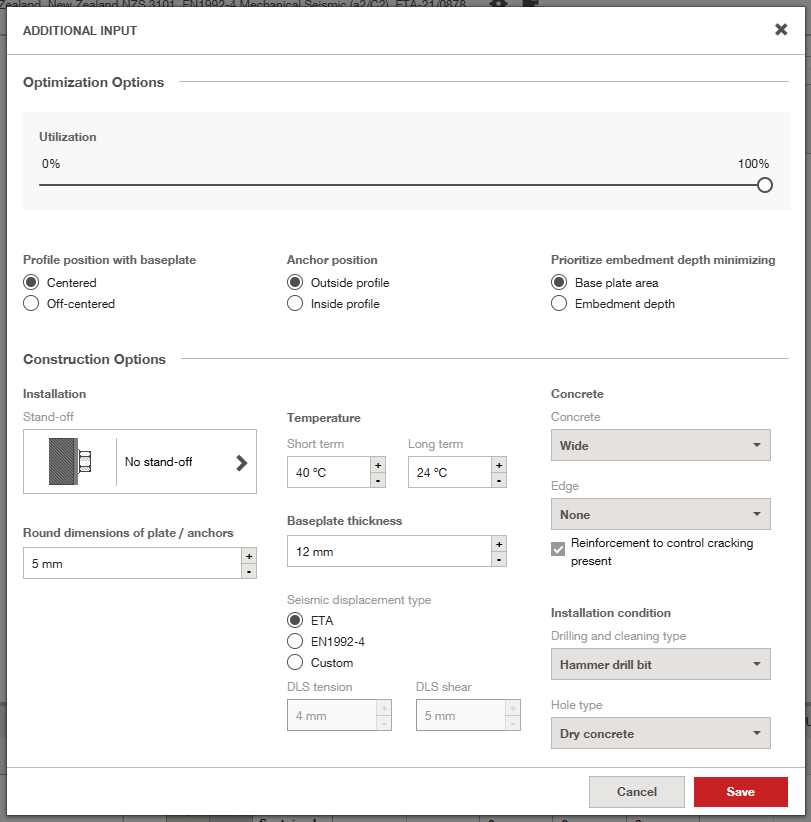 Interface dialog titled “Additional Input” showing optimization options, anchor positioning settings, and construction parameters with fields for temperatures, concrete conditions, and installation settings.