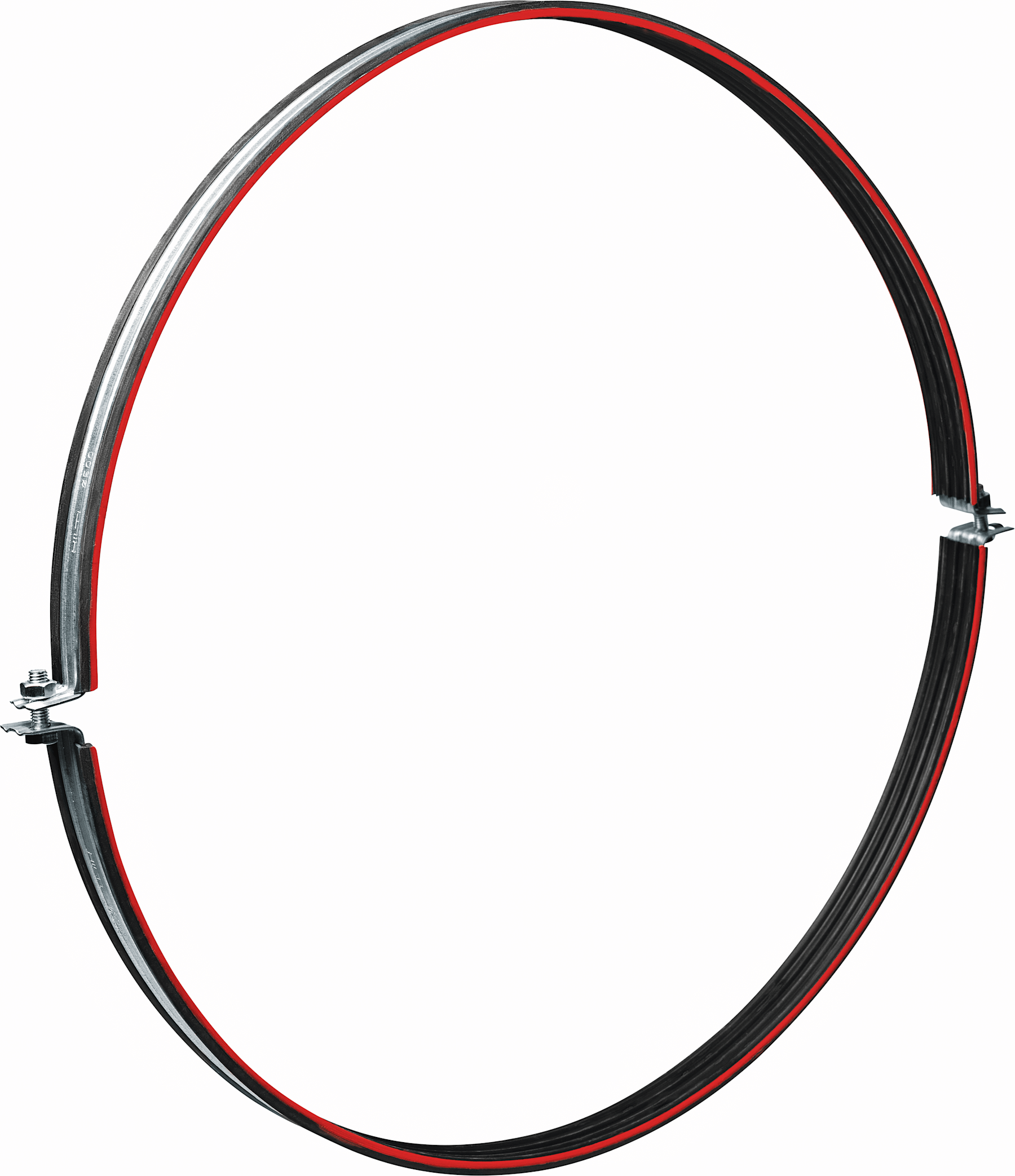 Circular metal pipe clamp with rubber lining and two bolts, shown isolated on a light background. The clamp is partially open and features a red strip along the inner edge.