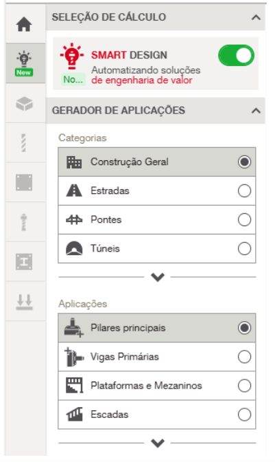 Interface exibindo “Ancoragem em Concreto” (Estados Unidos, ACI) e um menu de seleção de projeto com o “Projeto Inteligente” habilitado.