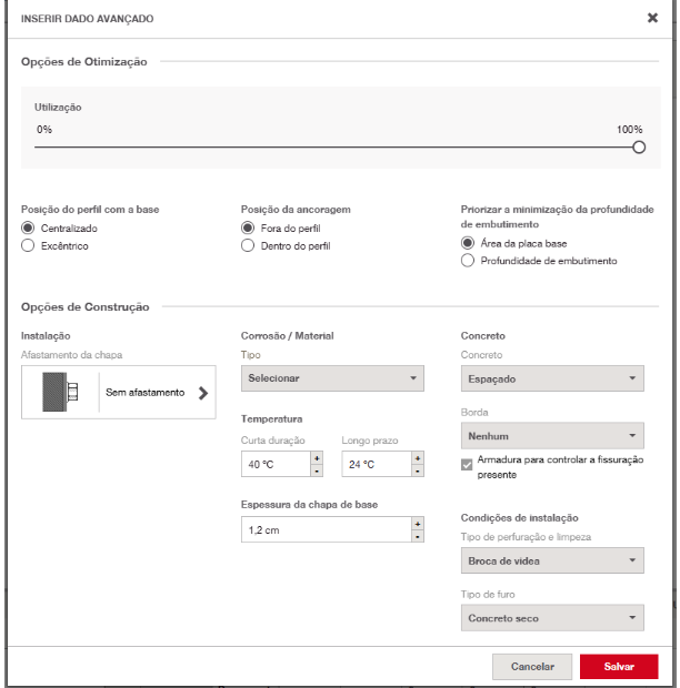 Interface de configurações avançadas exibindo parâmetros de otimização, posicionamento das ancoragens, propriedades dos materiais e condições de instalação.