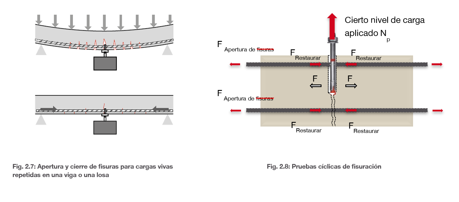Diagramas que muestran la apertura y el cierre de grietas bajo cargas repetidas y un ensayo de ciclado de grietas, ilustrando cómo las fuerzas de tensión provocan la apertura de las grietas y cómo las fuerzas de restitución actúan para cerrarlas