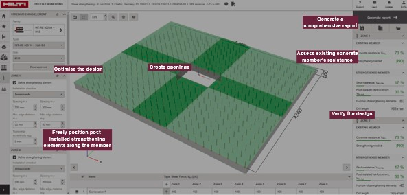 PROFIS Engineering software interface showing a strengthening design model with an opening in a slab, optimization tools, reinforcement layout, member verification results, and report-generation options.