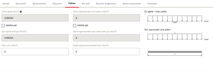 SCD - INPUT SCREEN 3; Zati ağırlık ve servis aşamasındaki yükler tanımlanmıştır.
